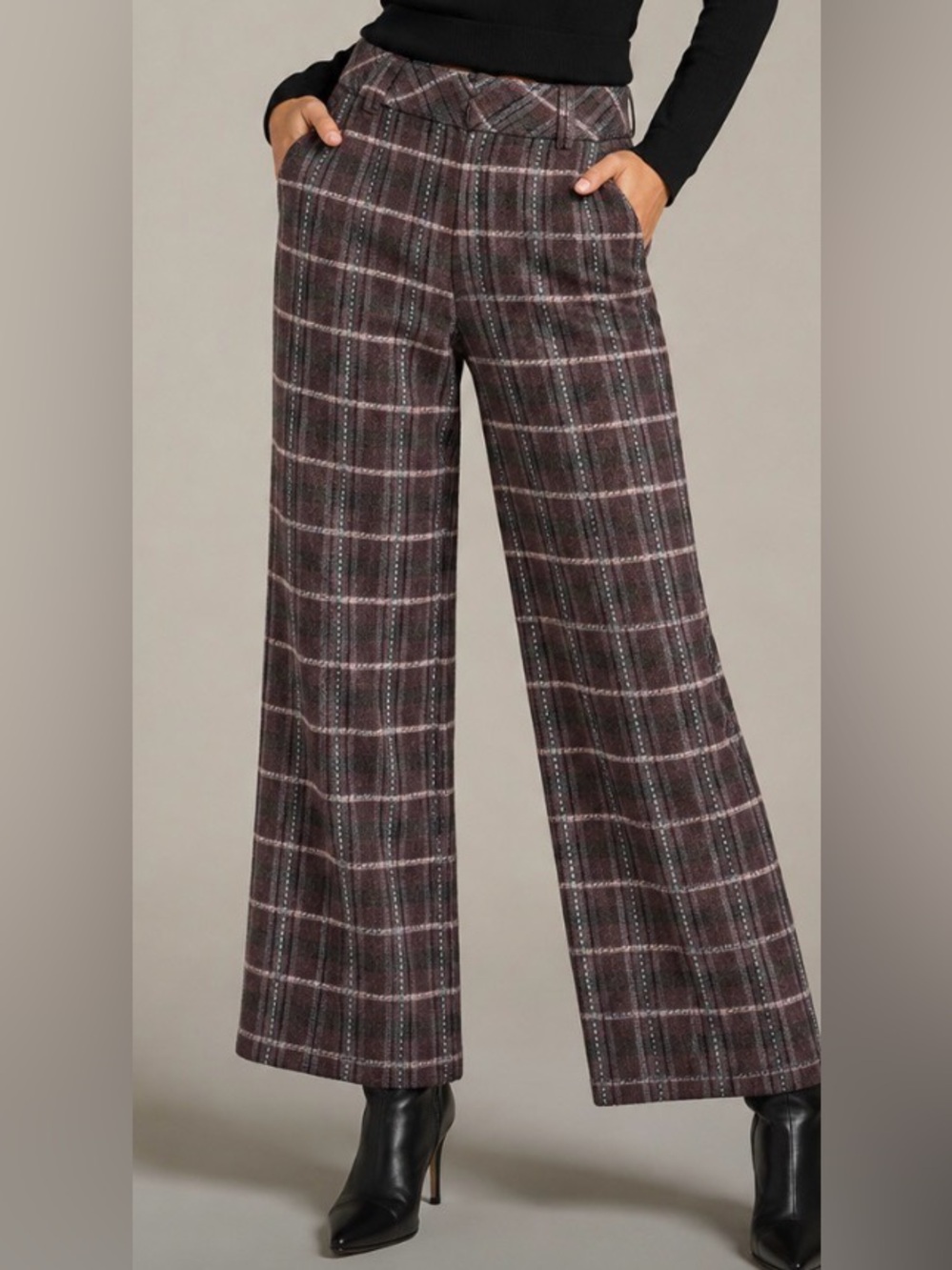 Free People Women’s Mauve Wool Blend Plaid Trousers Size 0
